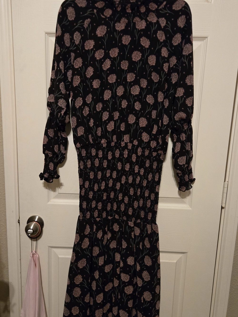 Floral Long-Sleeve Smocked Waist Dress - Black with Pink Floral - Picture 2 of 4